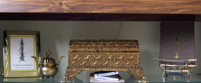 Memorial for Wes on the left, Mandala storage in gold box from Thailand & original GohonzonShu on the right