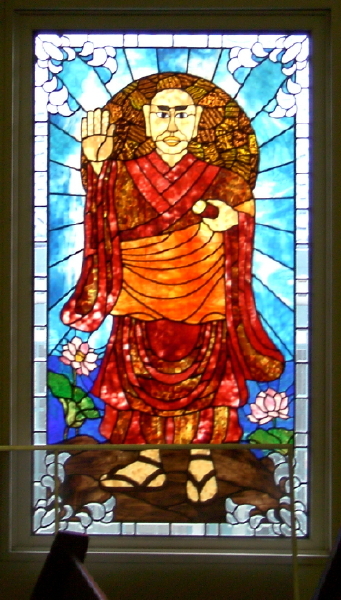 Stained glass window of Nichiren in main sanctuary of Nichiren Shu Los Angeles.