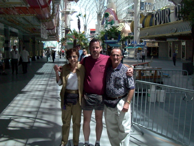 Don visiting with family, Marge and Merlyn from Kansas, on Fremont Street