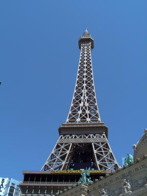 The Eiffel Tower soars above the Las Vegas Strip at the Paris Hotel